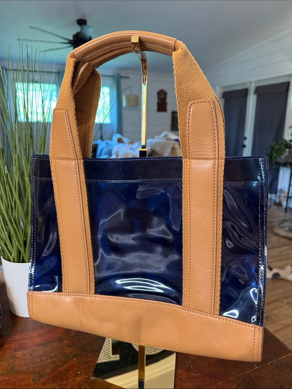Tory Burch Navy PVC Tote with Tan Leather Trim